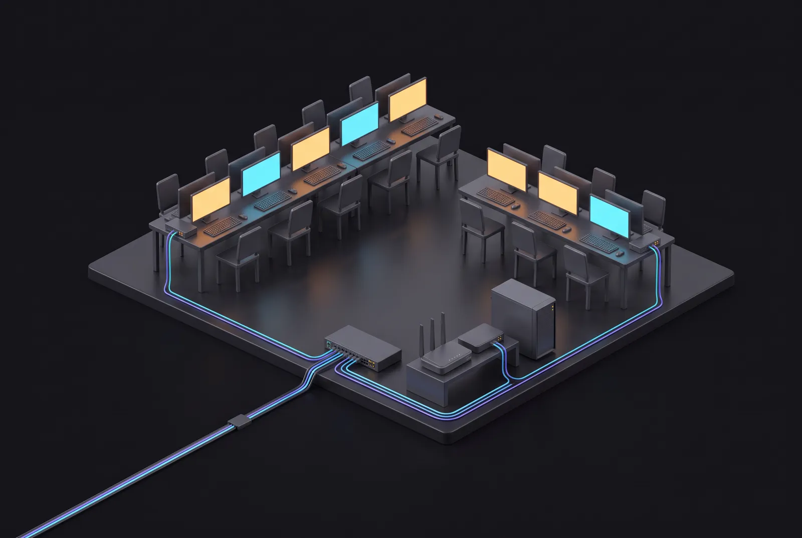 A LAN party: tables of gaming PCs cabled to a core switch, a router and a server